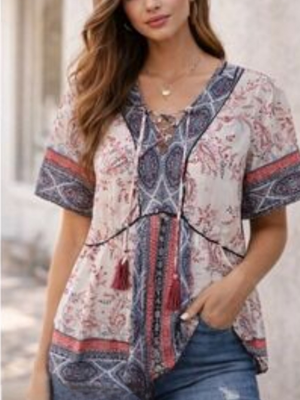 Knox Rose Paisley Floral Sheer Chiffon Lace Up Tassel Peasant Blouse Pink Blue L
